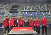 لاعبو المنتخب التونسي لتنس الطاولة خلال منافسات بطولة إفريقيا بمدينة طنجة المغربية