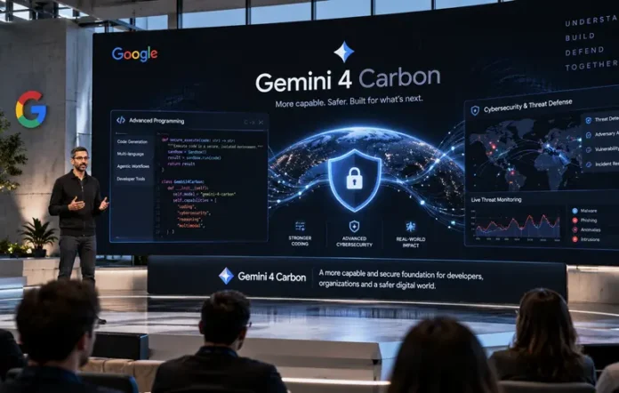 شعار غوغل إلى جانب اسم نموذج Gemini 4 Carbon الجديد للذكاء الاصطناعي